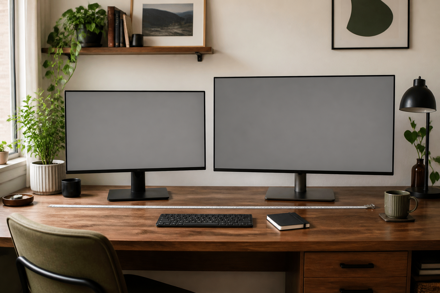 Two blank unbranded monitors of different sizes sharing one desk, with their full outlines and stand footprints visible.