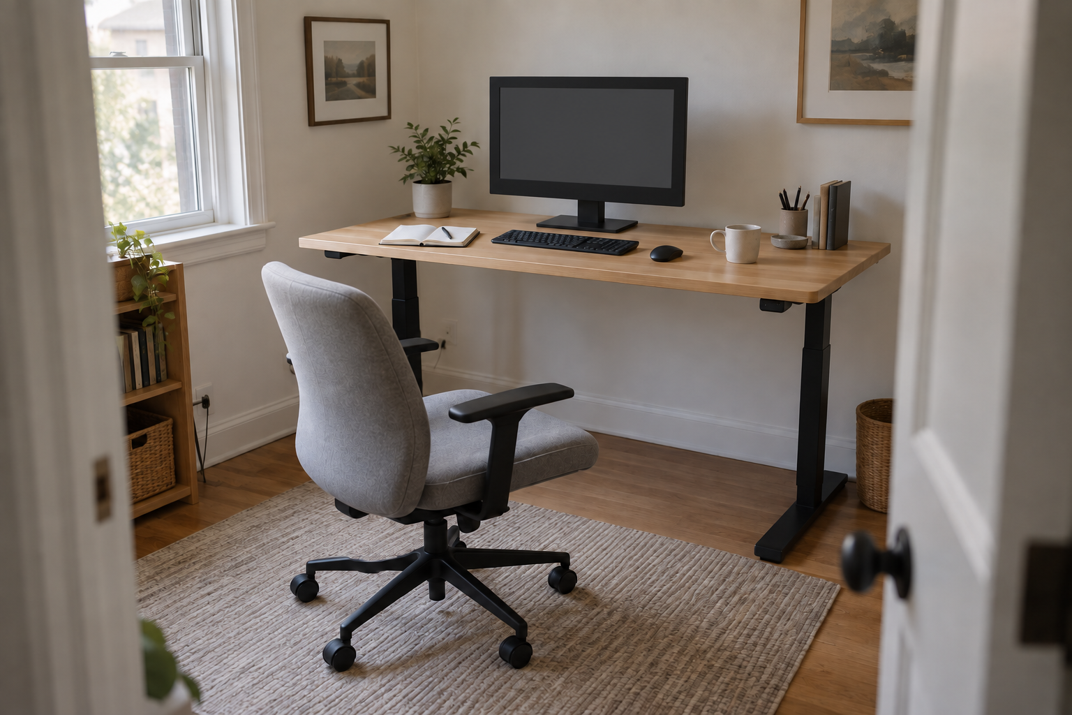 A light wood desk with height-adjustable legs, a monitor and a gray chair in a small home office.