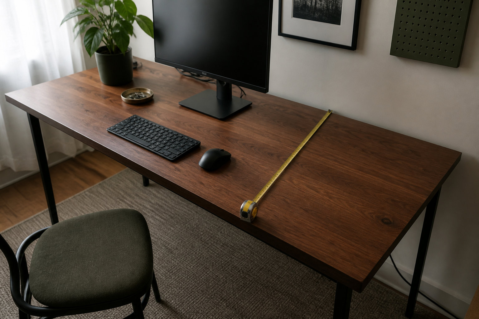 A tape measure runs from the front edge to the wall across a desk holding a monitor, keyboard, and mouse.