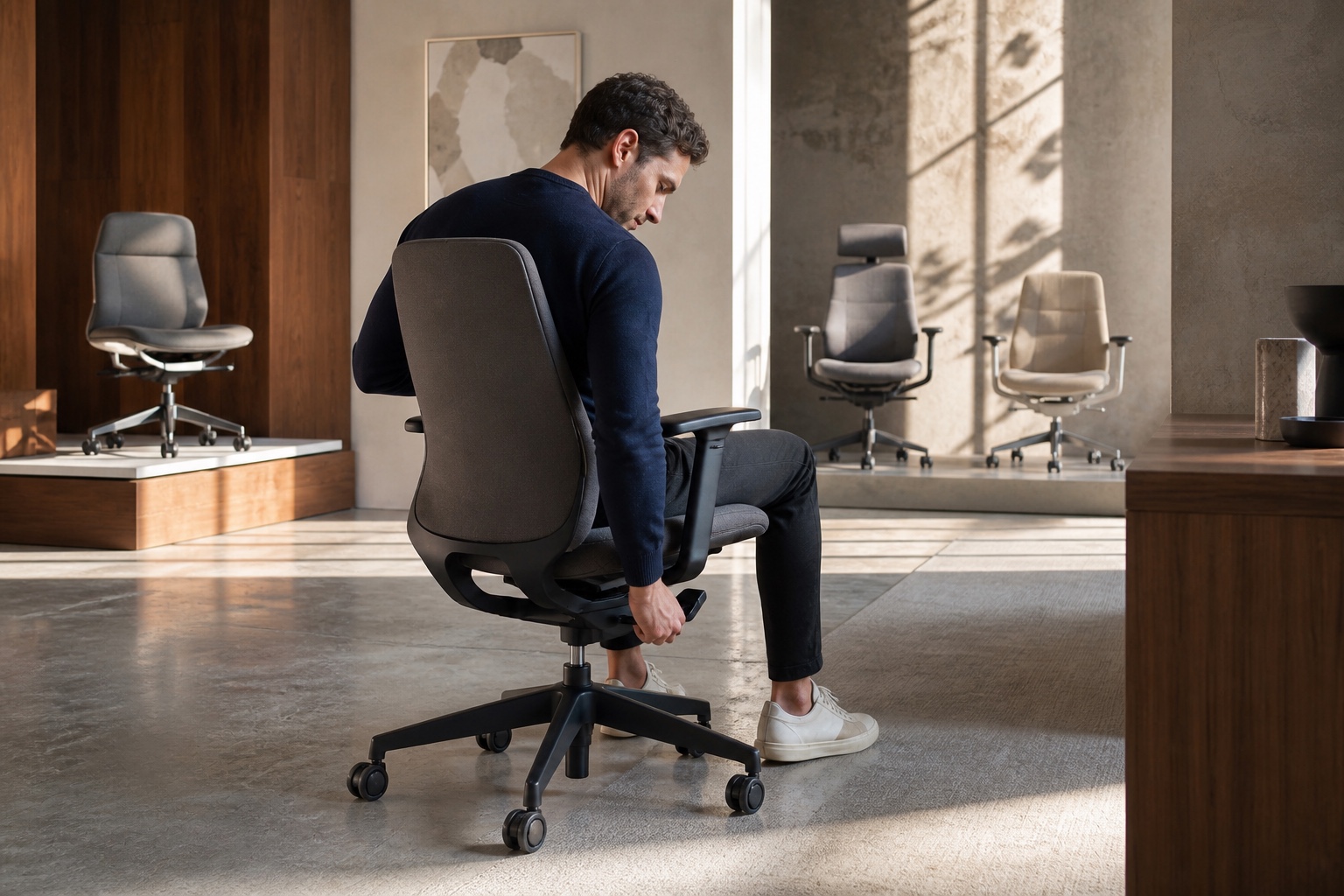 A shopper tests an adjustment on an unbranded task chair in a design furniture showroom.