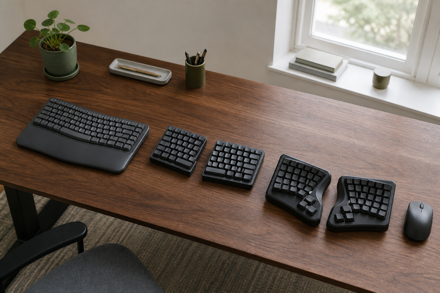 Three generic keyboard concepts showing a fixed wave, separated conventional halves, and contoured split key wells on one desk