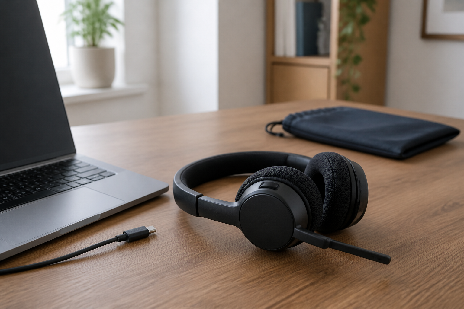 A generic call headset, USB-C cable, laptop, and travel pouch on a home-office desk