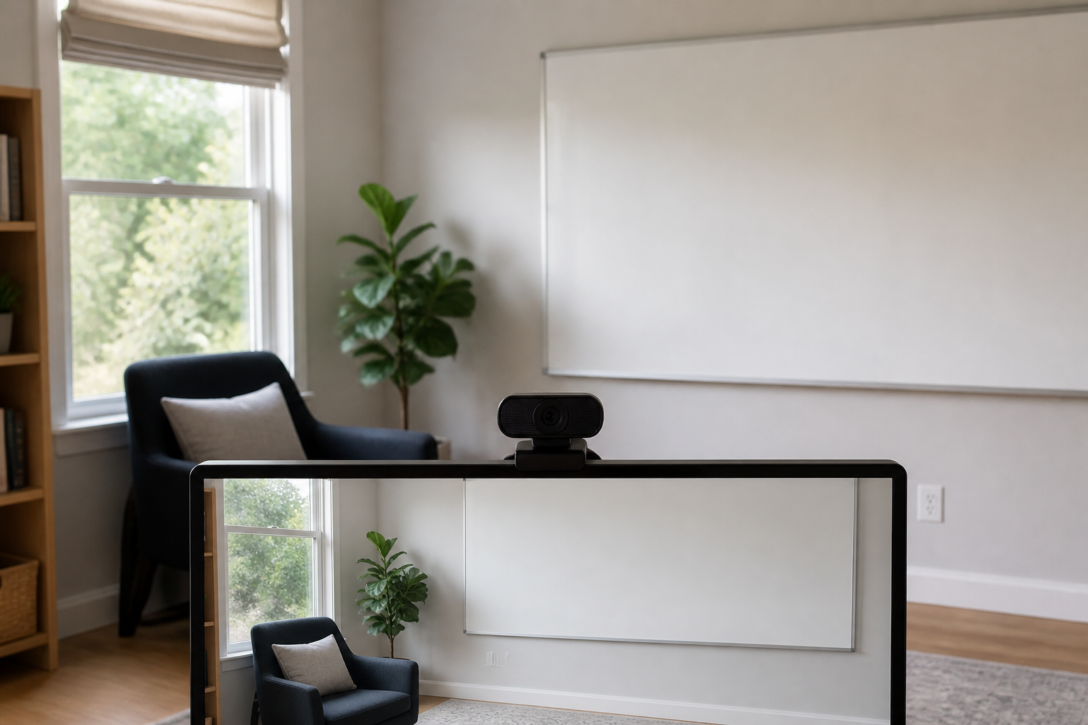 A fixed-desk video-call setup with a generic webcam, side window, and open presentation space