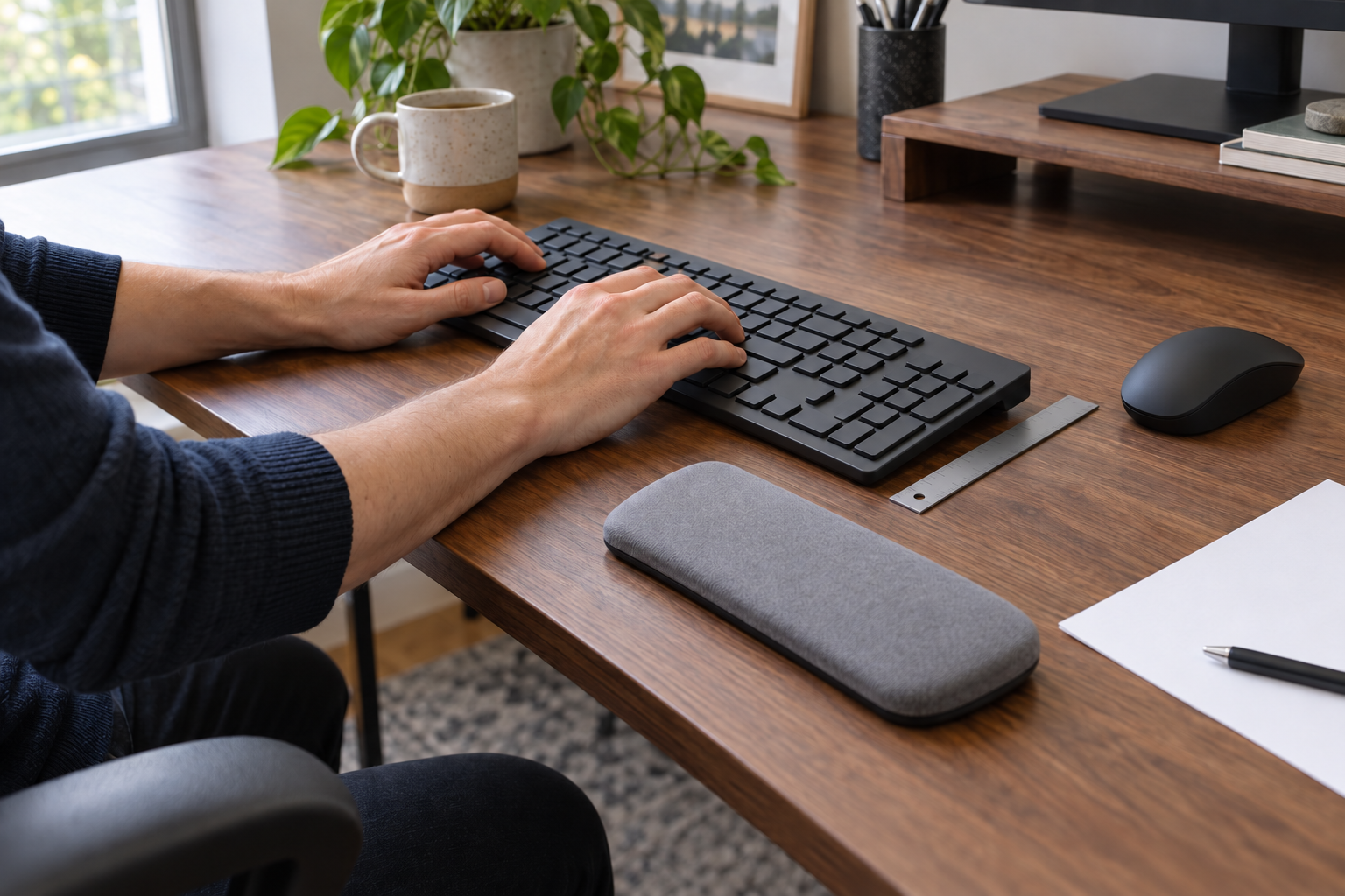 A keyboard, mouse, ruler, and separate unbranded palm support being evaluated at a home-office desk