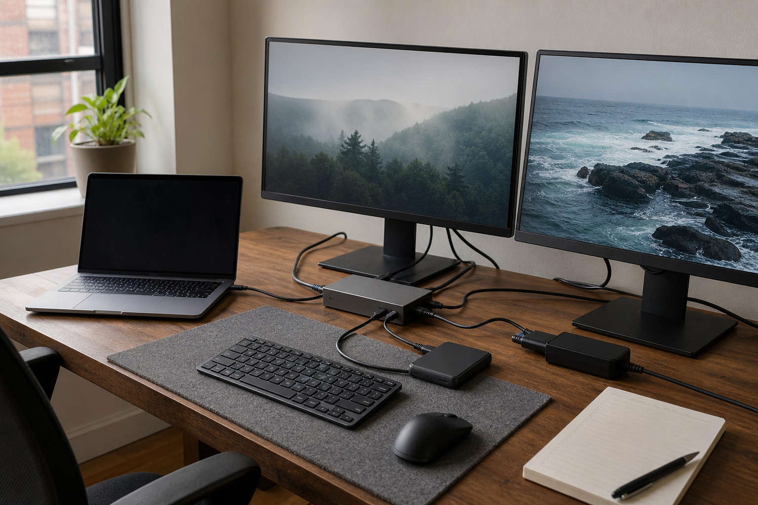 A laptop, two displays, dock, storage, and cables arranged as one compatibility chain