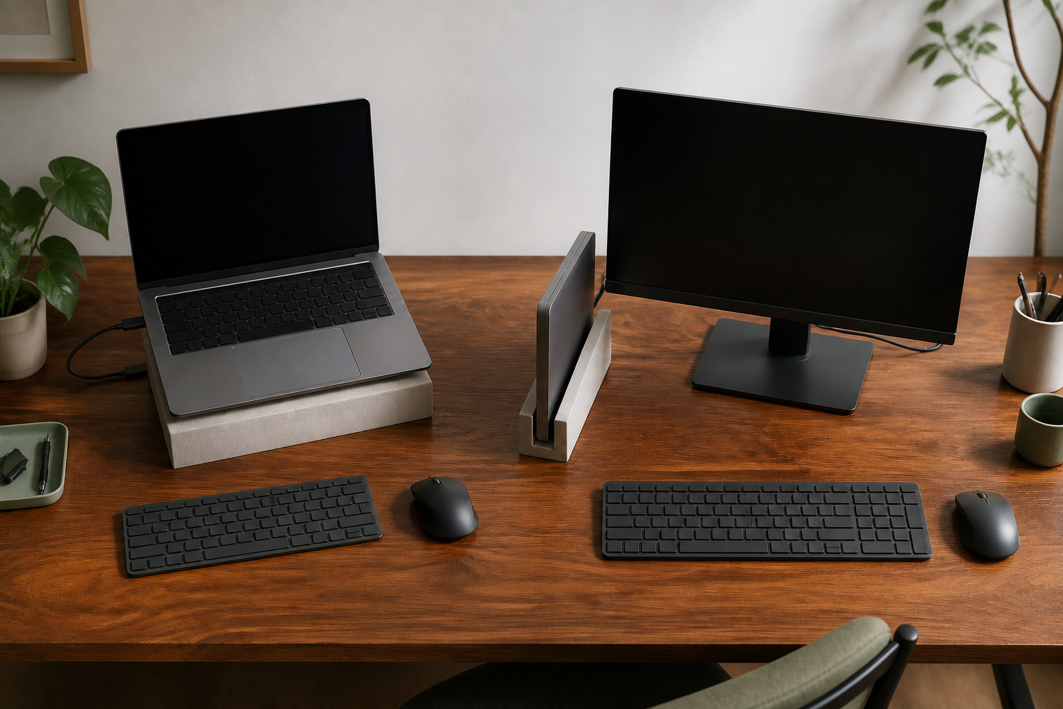 An open elevated laptop with separate input devices beside a closed-laptop external-display workstation