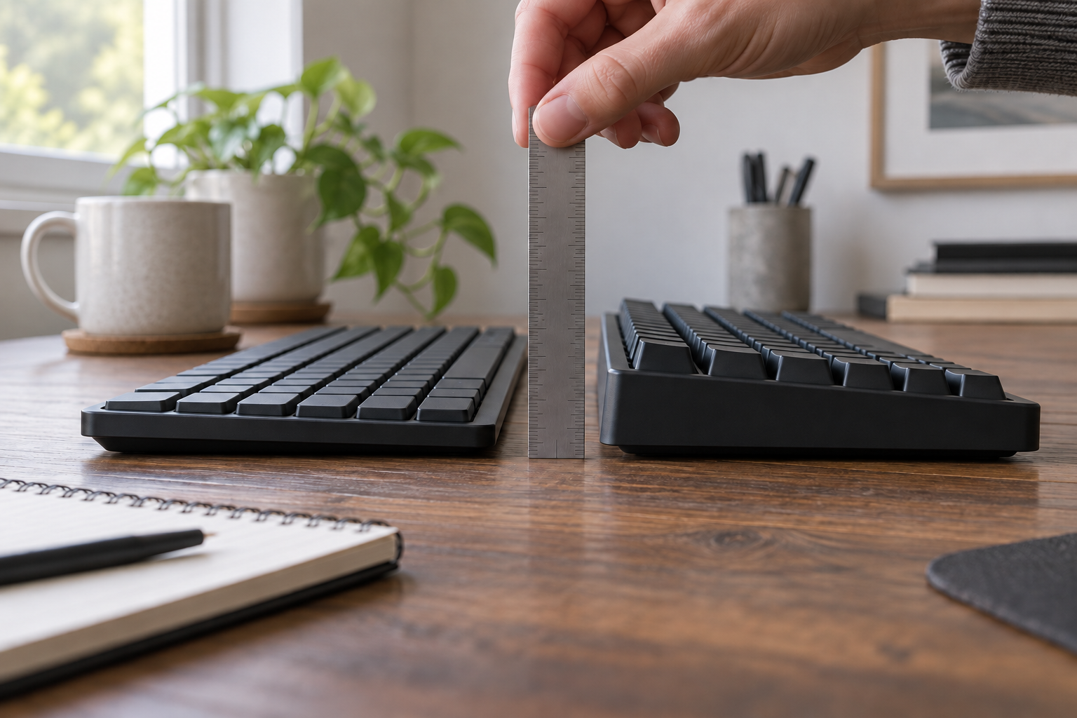 Two generic unbranded keyboards of different heights being compared with a ruler at a home-office desk