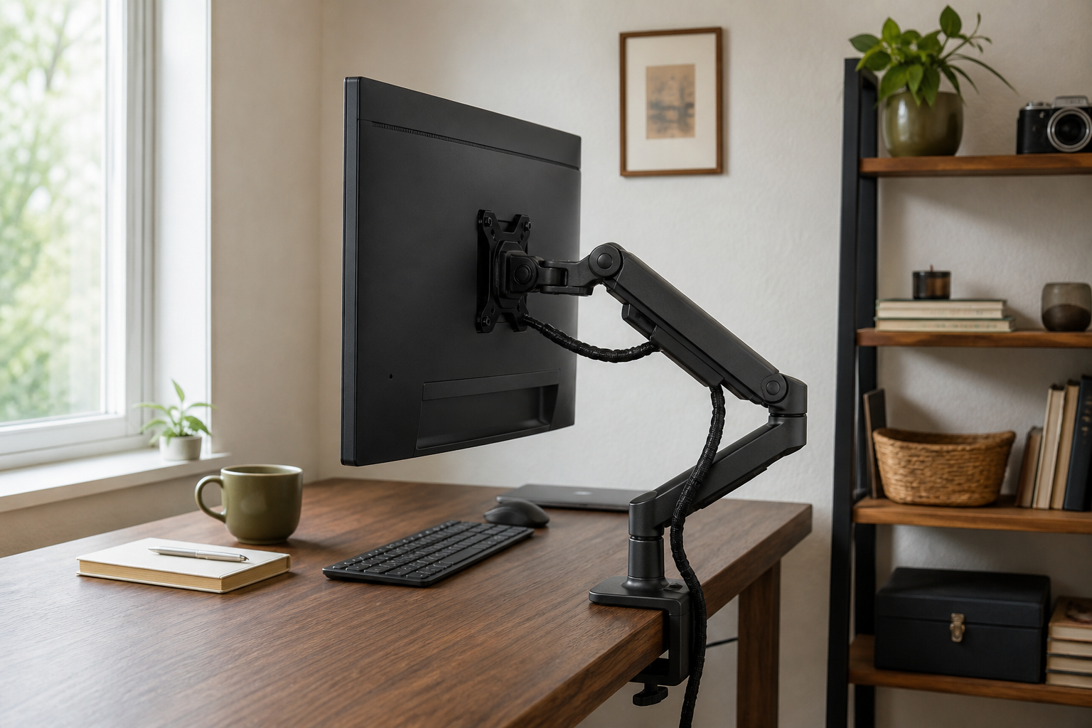 An unbranded monitor and articulated arm viewed from behind, with the VESA plate, arm reach, and desk-edge clamp visible.