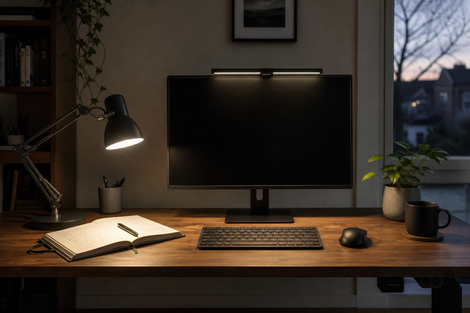 A monitor-top light illuminates a centered keyboard while an articulated desk lamp lights an open notebook to the side.