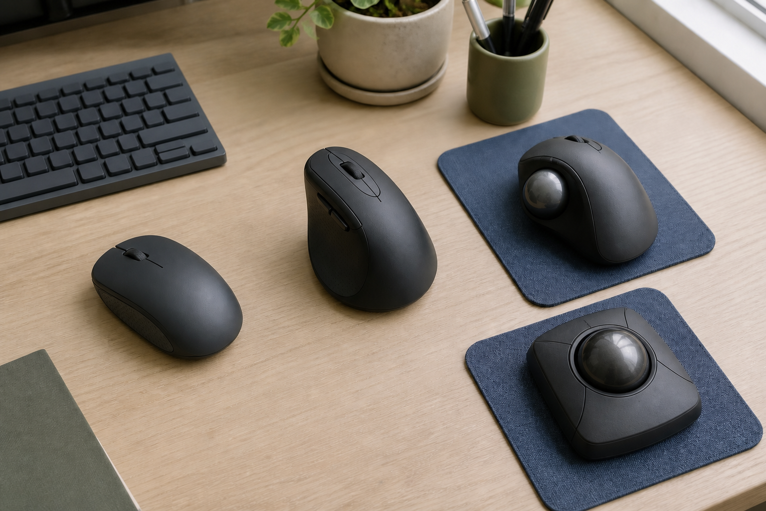 Four generic pointing-device concepts showing regular, angled, thumb-trackball, and finger-trackball forms beside a keyboard