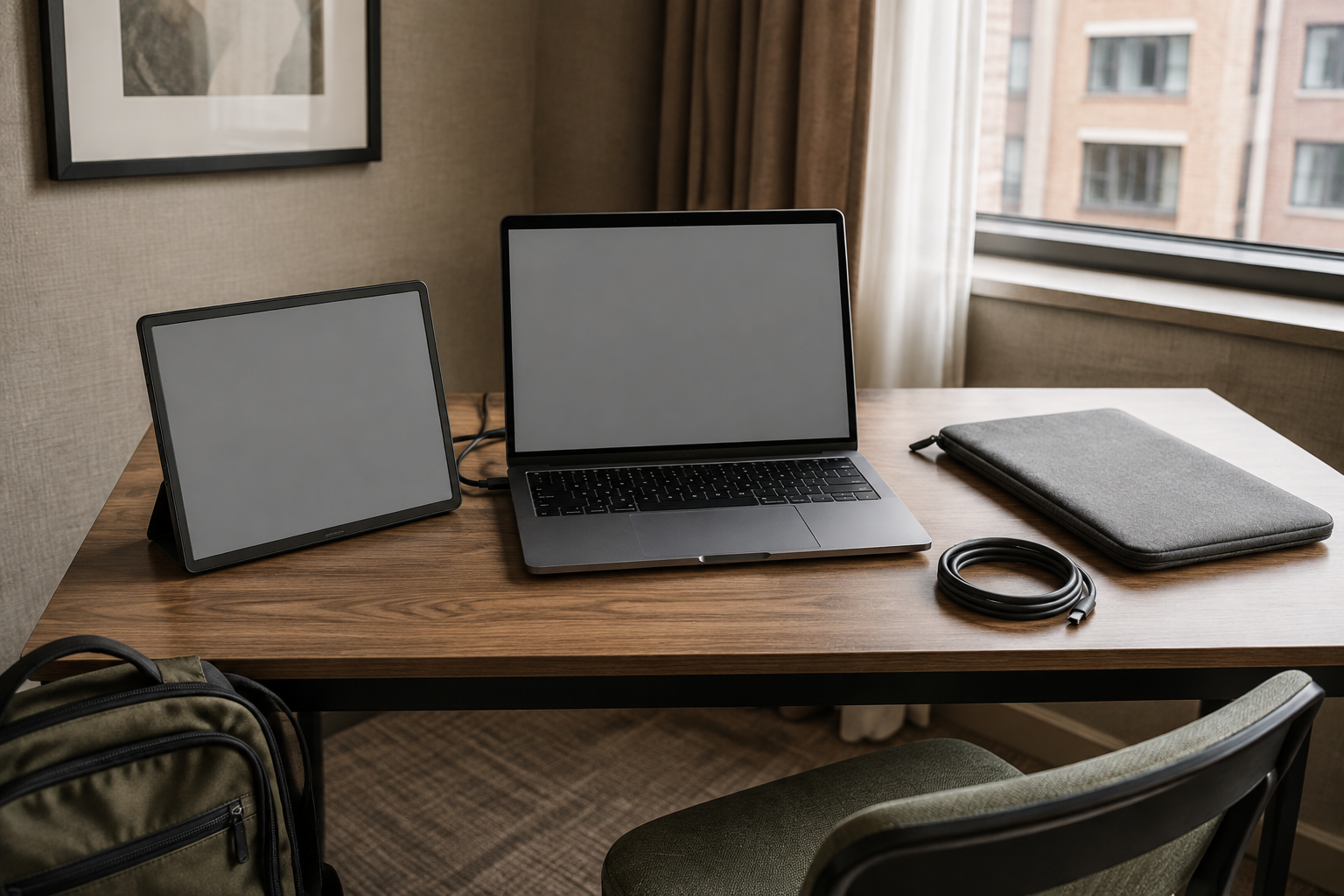 A generic laptop and blank tablet-sized display sharing a temporary work table beside a screen sleeve, cable, and travel bag.