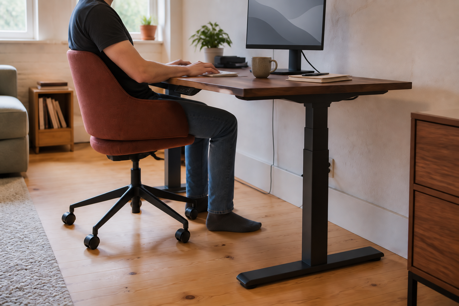 A seated worker uses an unbranded height-adjustable desk at its low position, with the top thickness and under-desk frame visible.