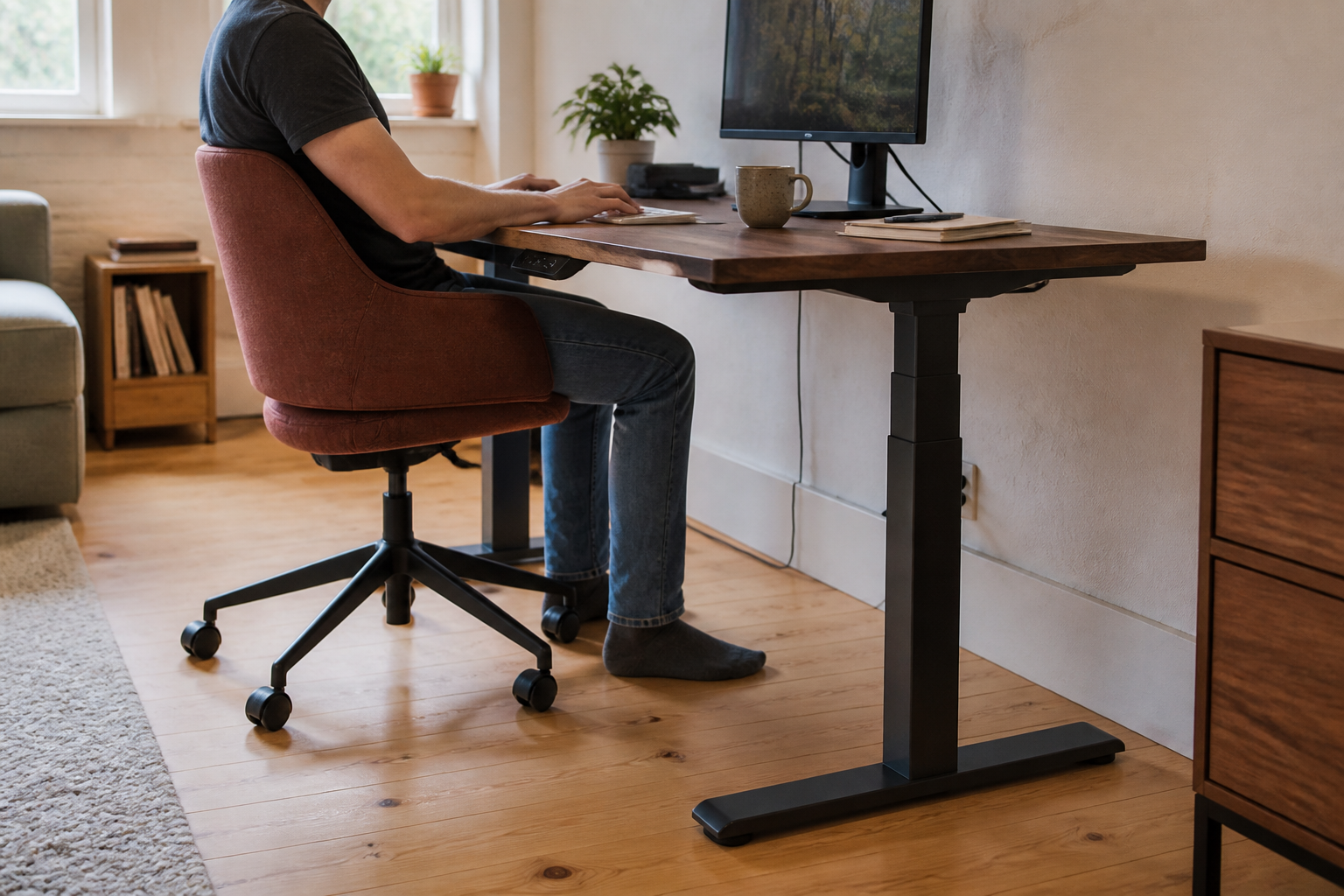 A seated worker uses an unbranded height-adjustable desk at its low position, with the top thickness and under-desk frame visible.