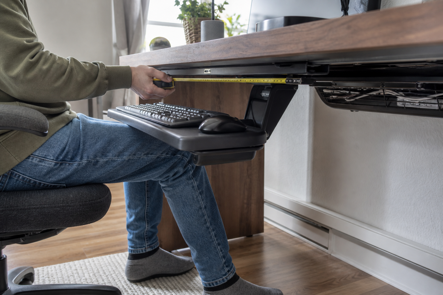 Measuring the clear mounting area and knee space below a fixed desk