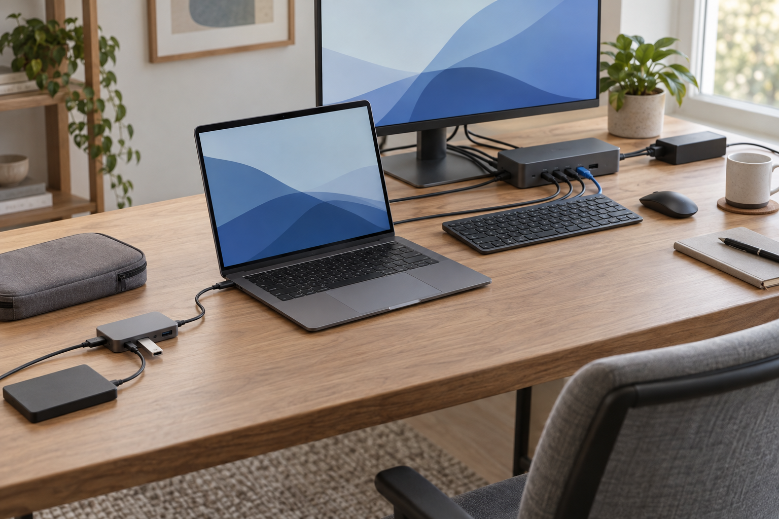 A laptop beside a compact multiport adapter and a larger powered desktop connection box with monitor and peripheral cables